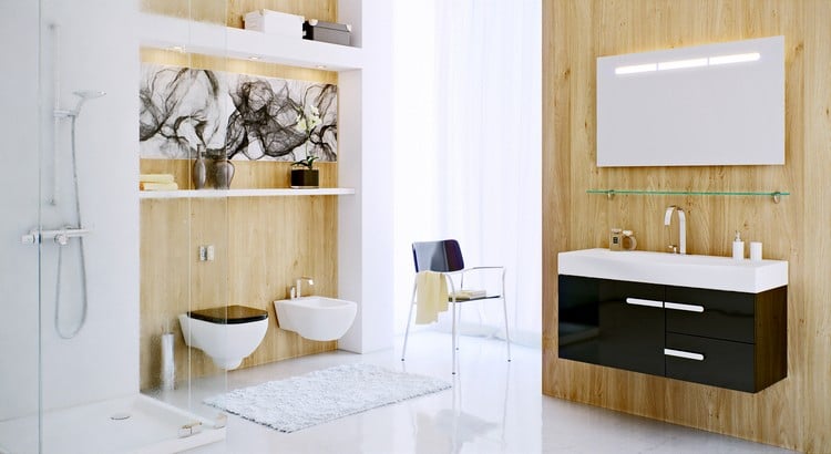 meuble-salle-bain-noir-parement-bois-massif-carrelage-blanc-satine