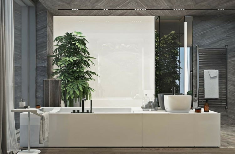 meubles gris-baignoire-moderne-déco-plantes-vertes