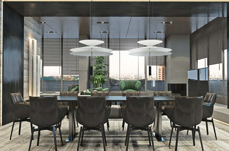meubles gris-chaises-grises-salle-manger-sombre-suspensions-design