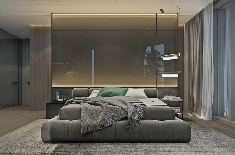 meubles gris-chambre-coucher-minimaliste-lit-gris-cloison-vitrée