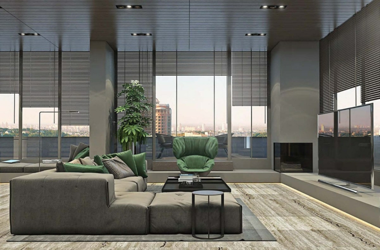 meubles gris-grand-canapé-gris-modulable-cheminée-moderne-écran-tv-plat