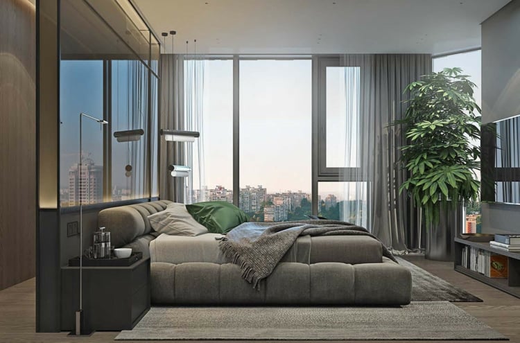 meubles gris-lit-gris-chambre-minimaliste-meuble-tv-bas