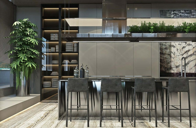 meubles gris-modernes-cuisine-grise-moderne-chaises-bar-îlot-finition-brillante