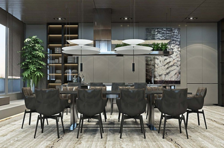meubles gris-salle-manger-moderne-vaisselier-vitrée-éclairage-intégré