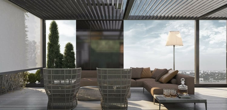 meubles gris-toit-terrasse-pergola-bioclimatique-canapé-angle-lampadaire