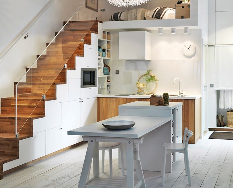 Petite cuisine avec îlot central ayant toute la fonctionnalité d ... Cuisine inspiration Escalier