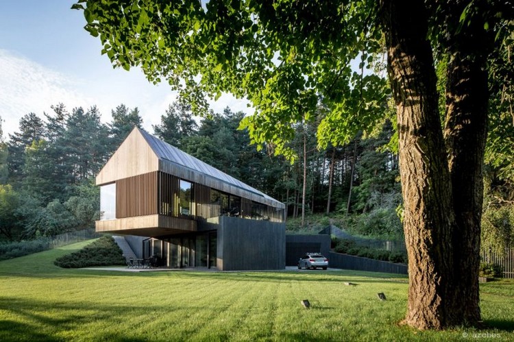 toit mansardé bardage-bois-vertical-arbres-forêt-maison-design