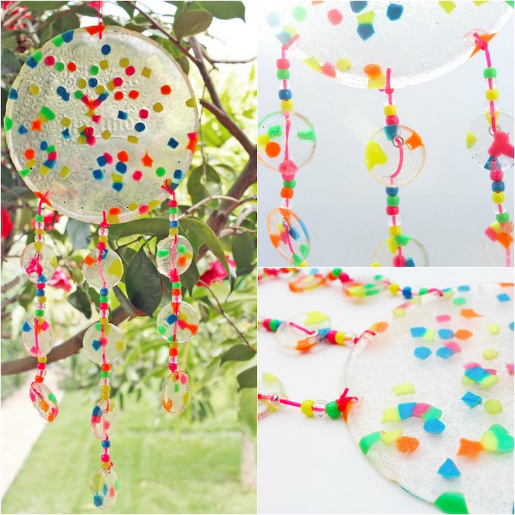 attrape-soleil en perles fondues à faire avec les enfants pour décorer le jardin travaux manuels enfants-fabriquer-attrape-soleil-perles-fondues-multicolores-déco-jardin