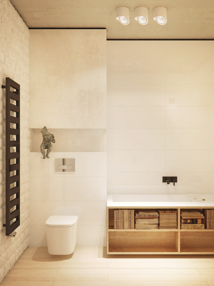 baignoire-tablier-bibliothèque-bois-clair-carrelage-blanc