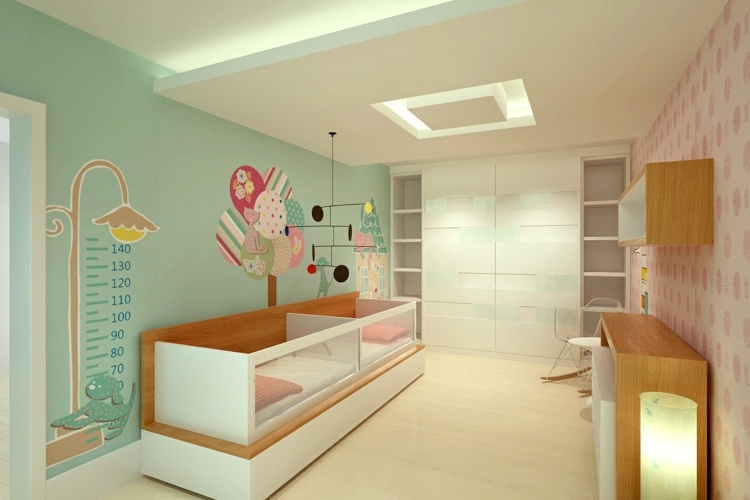 chambre bébé jumeaux-lit-double-moderne-faux-plafond-corniche-lumineuse-peinture-pastel