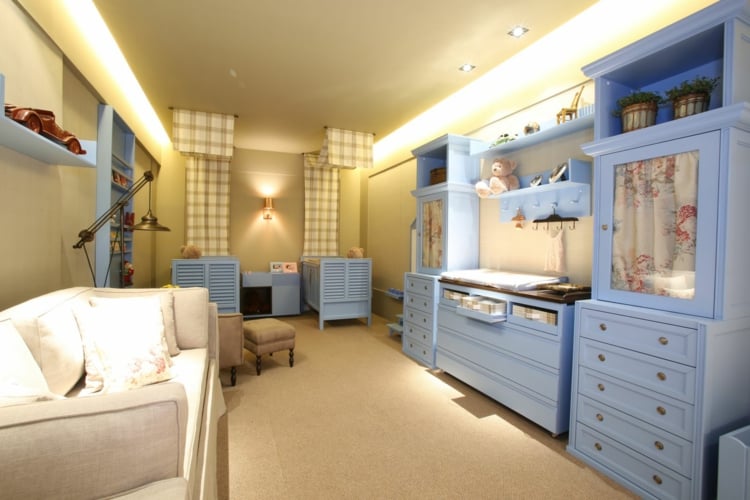 chambre bébé jumeaux-mobilier-bébé-bleu-pastel-moquette-taupe