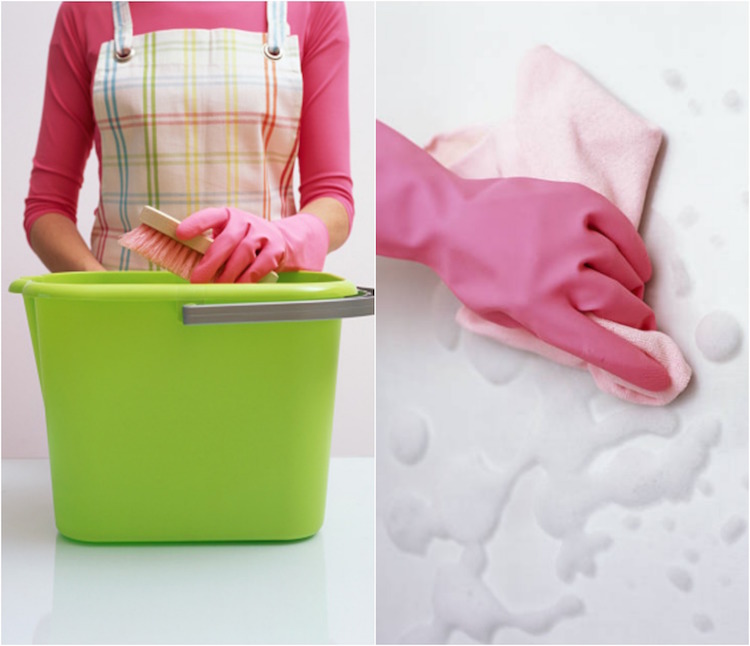 comment nettoyer un plafond-eau-savoneuse-chiffon-brosse-nettoyage