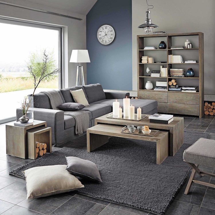 couleur pour agrandir une pièce-mur-accent-bleu-gris-mobilier-salon-gris