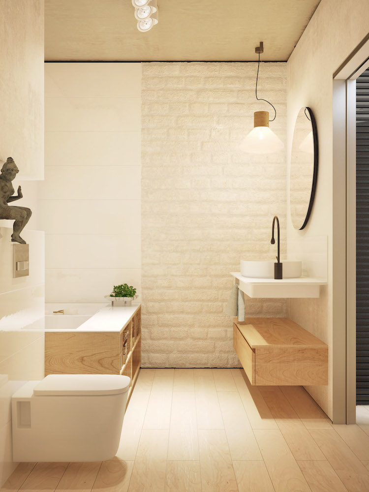 déco-salle-bain-minimaliste-blanc-bois-clair-brique-blanche-exposée