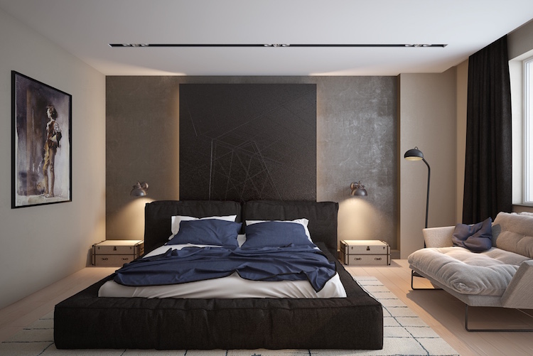 déco-chambre-minimaliste-peinture-effet-béton-lit-futon-noir