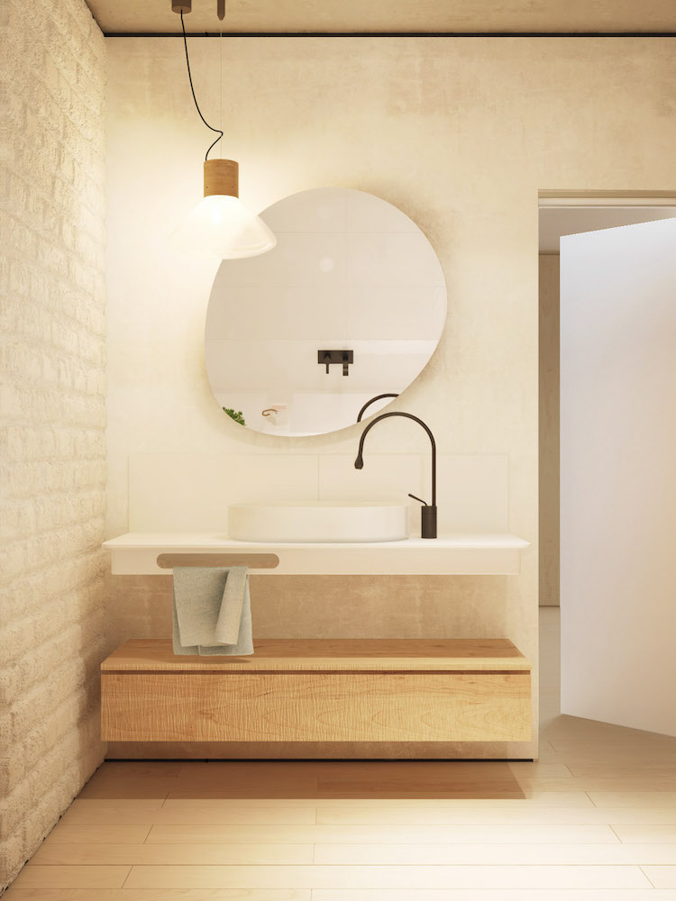 déco-murale-brique-blanche-exposée-rangement-bois-clair-miroir-forme-organique