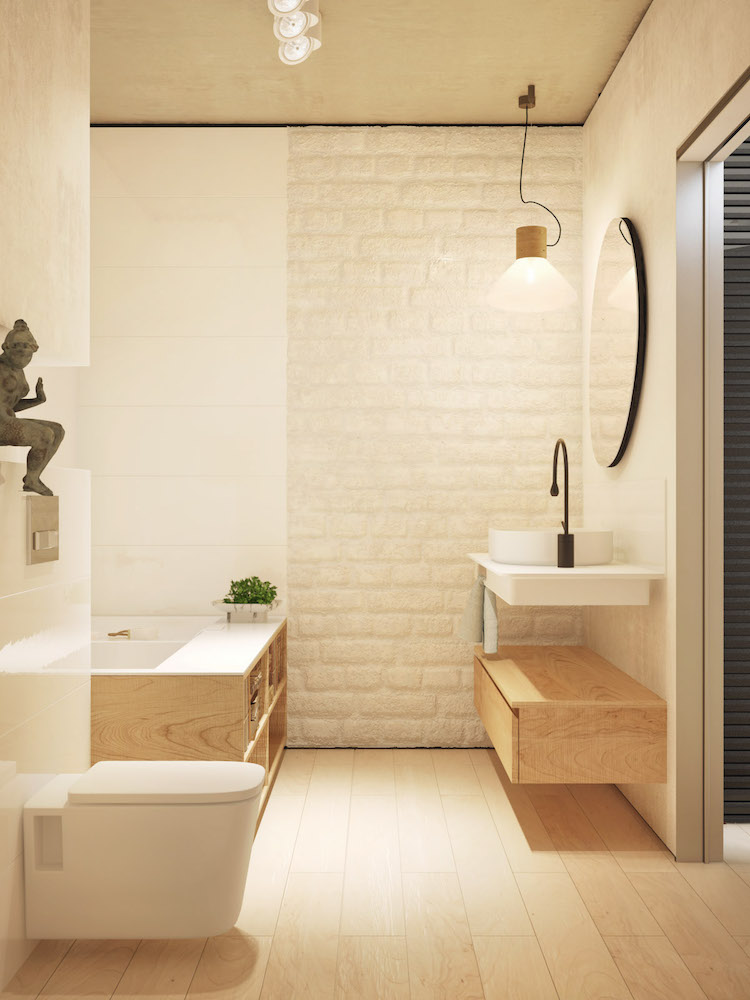 déco-salle-bain-minimaliste-blanc-bois-clair-brique-blanche-exposée