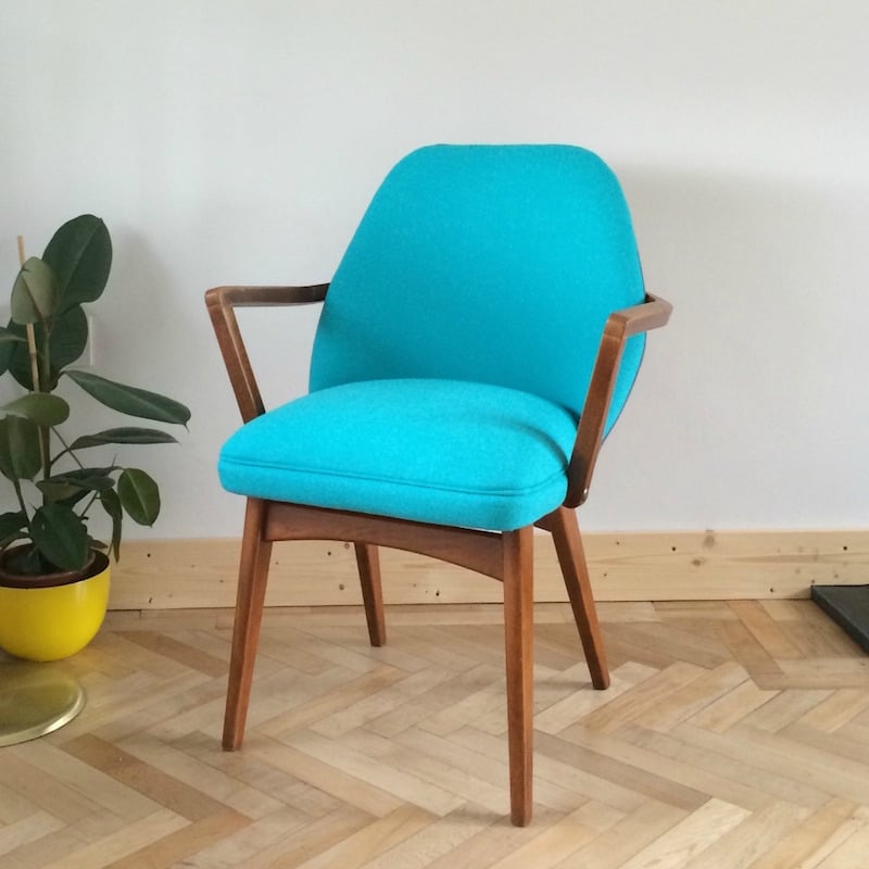 fauteuil-Bridge-vintage-années-50-retapissé-turquoise-intense