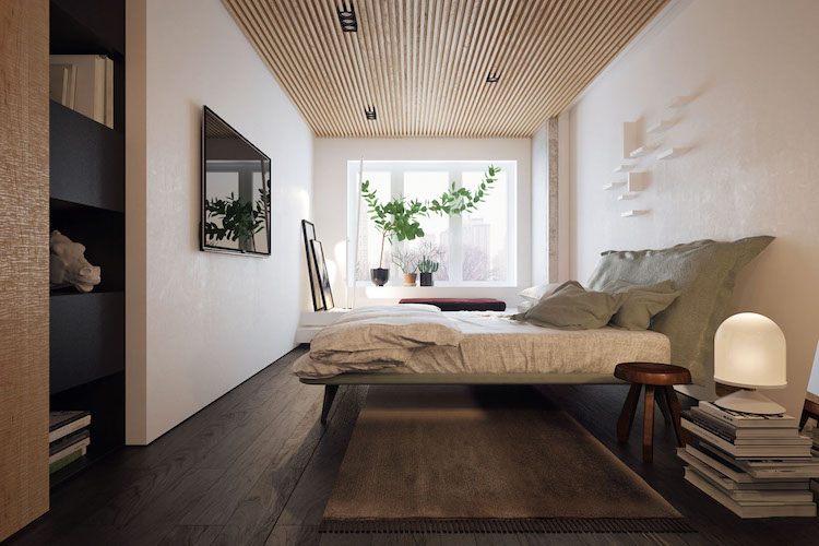 faux-plafond-bois-clair-tête-de-lit-rembourrée-parquet-gris-foncé