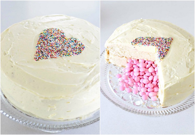 gâteau-surprise-smarties-roses-déco-coeur-perles