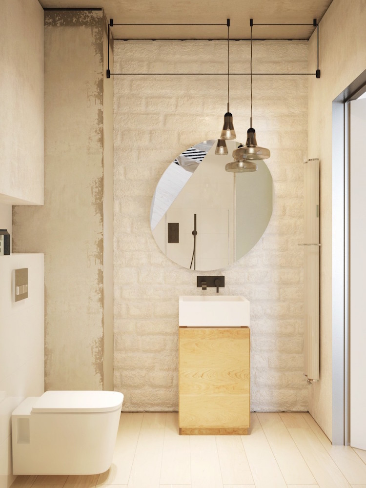 meuble-lavabo-bois-clair-miroir-organique-brique-blanche-exposée