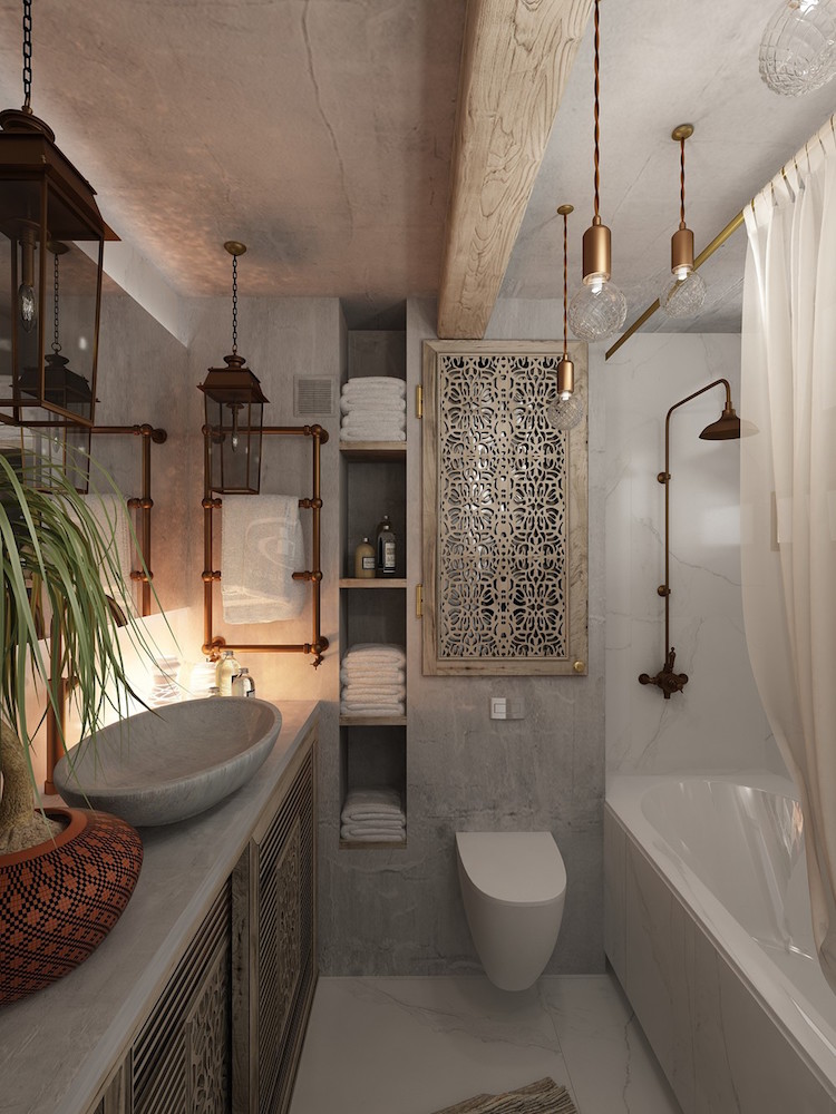 salle-de-bain-marocaine-déco-portes-moucharabieh-luminaires-vintage-métal