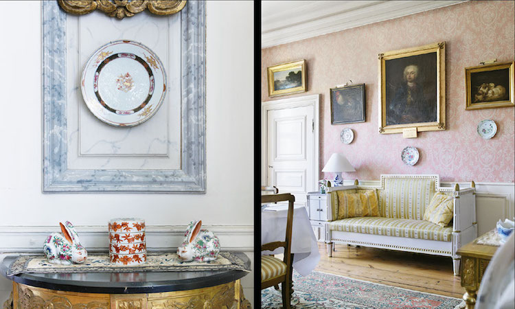 style-gustavien-revisité-déco-murale-marbre-commode-moulurée-banquette-tapisserie-dorée