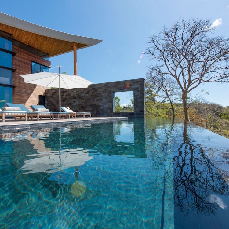 terrasse avec piscine-infinie-parasol-terrasse-moderne-brise-vue-pierre-grise