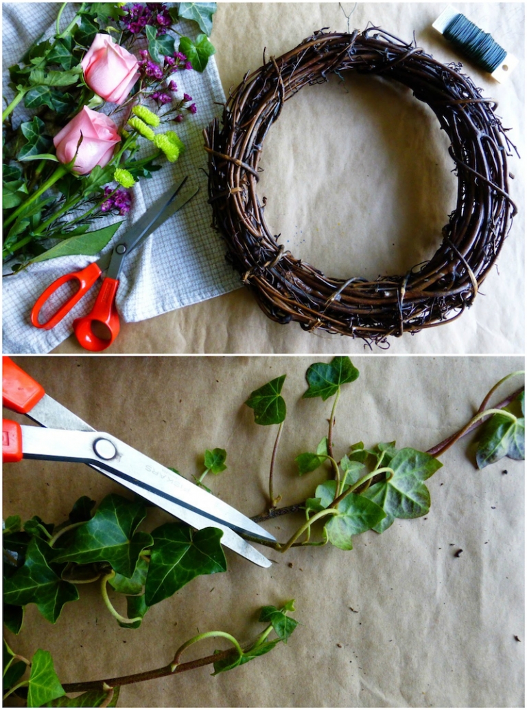 DIY couronne de fleurs et brindilles-vignes-lierre-décoration