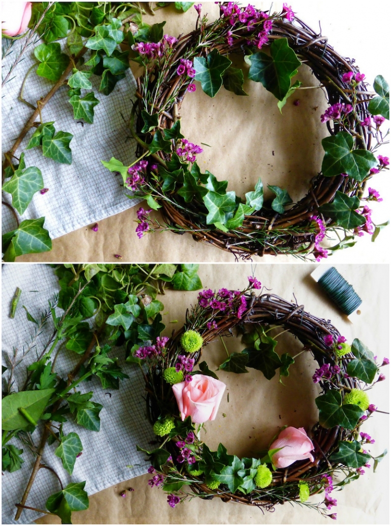 DIY couronne de fleurs lierre-base-brindilles-vigne