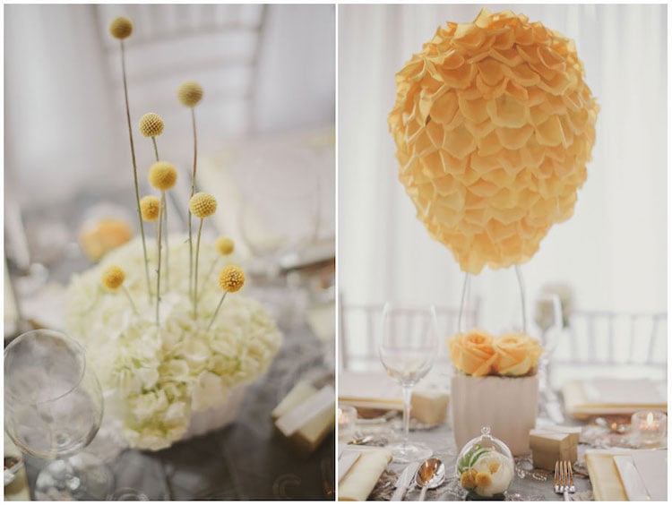 centre-table-mariage-romantique-montgolfière-pétales-roses-jaunes