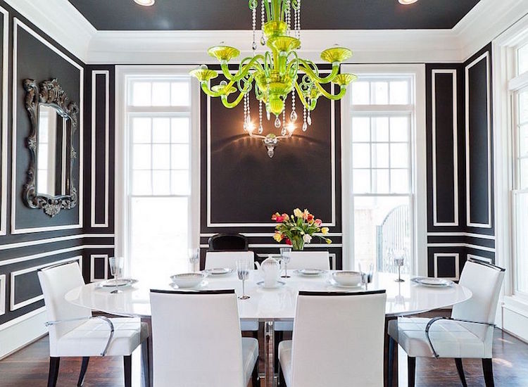décoration salle à manger noir-blanc-lustre-vert-lime