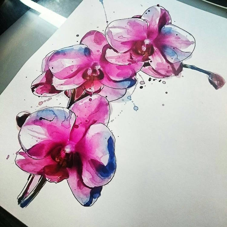 modèle-tatouage-orchidée-aquarelle-couleurs-intenses