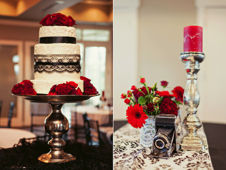deco-mariage-rouge-noir-déco-gâteau-noir-rouge-blanc-centre-table-floral-bougie-rouge