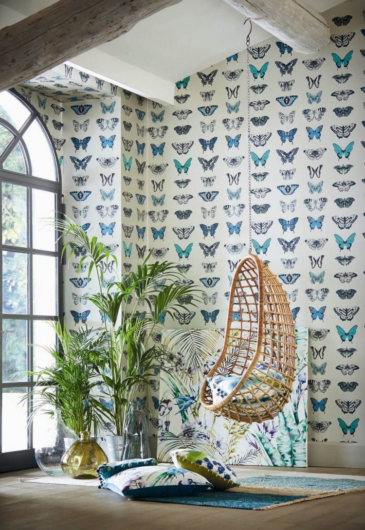 papier-peint-tropical-papillons-mur