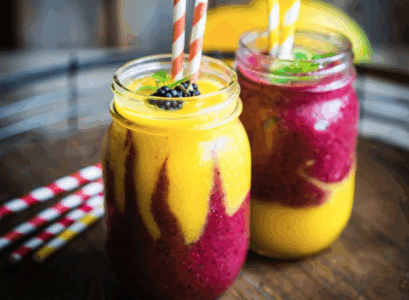 recette-smoothie-étagé-pot-verre-jaune-pourpre