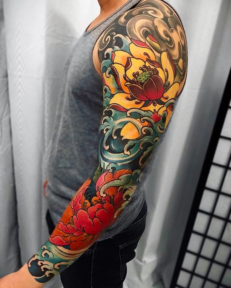 tatouage-bras-complet-couleur-style-asiatique