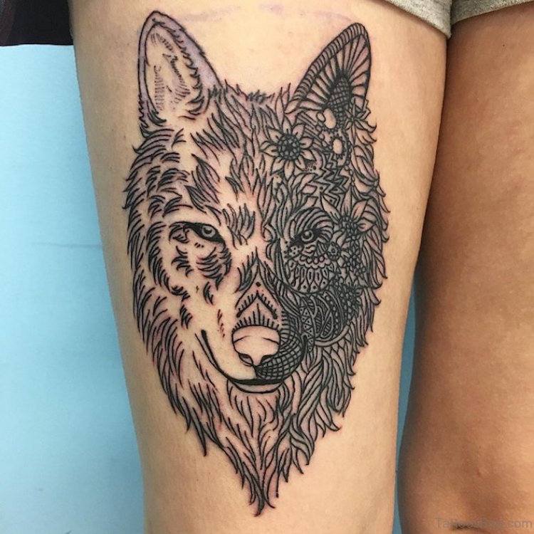 tatouage-loup-femme-cuisse-tête-loup-style-noir-gris