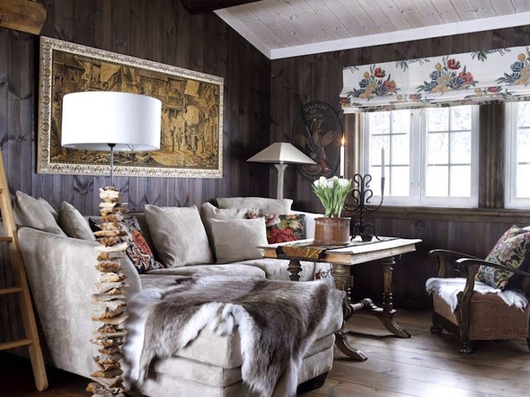 decoration chalet interieur plaids-fausse-fourrure-lambris-bois-gris