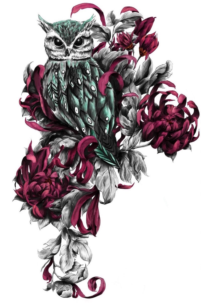 dessin-tatouage-hibou-fleurs-rouges