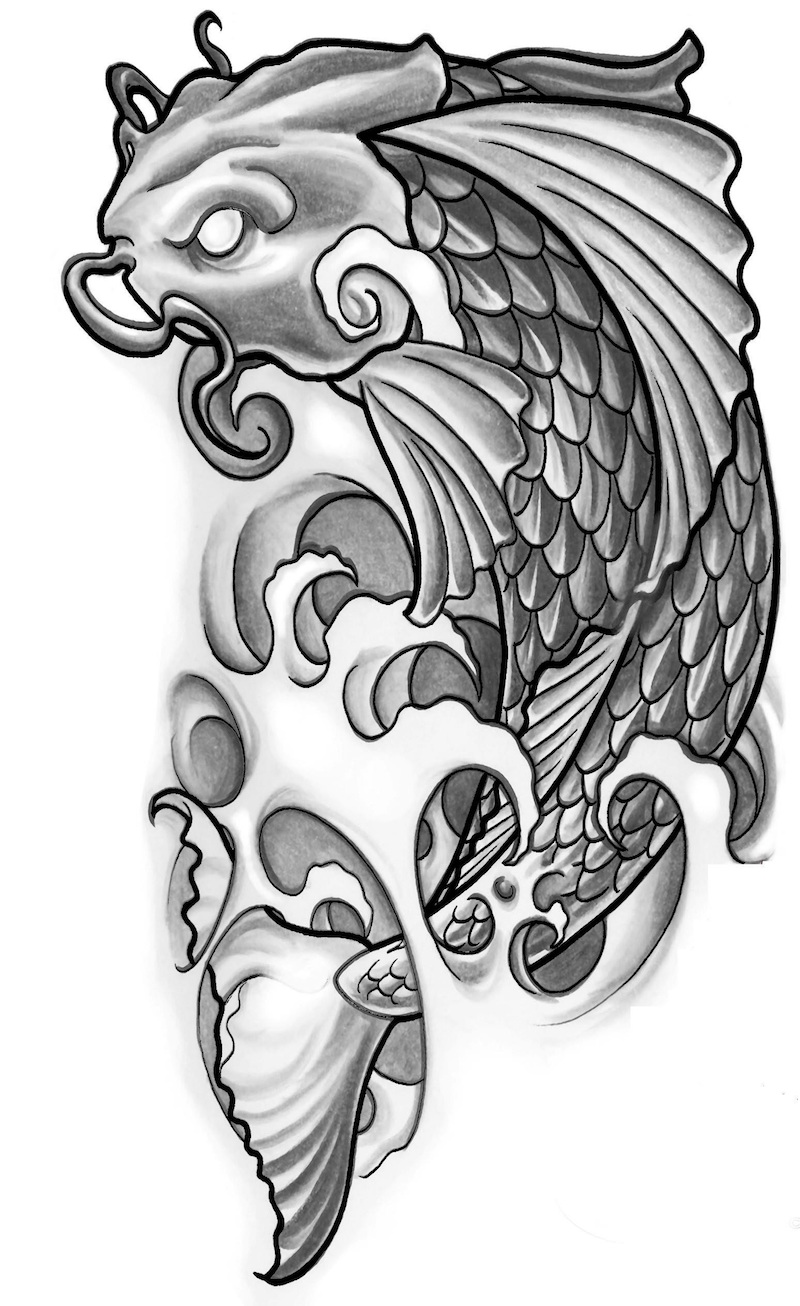 dessin-tatouage-japonais-vague-carpe-koi