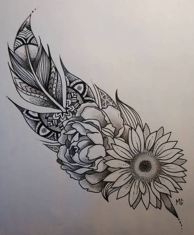 dessin-tatouage-plume-mandala-fleurs