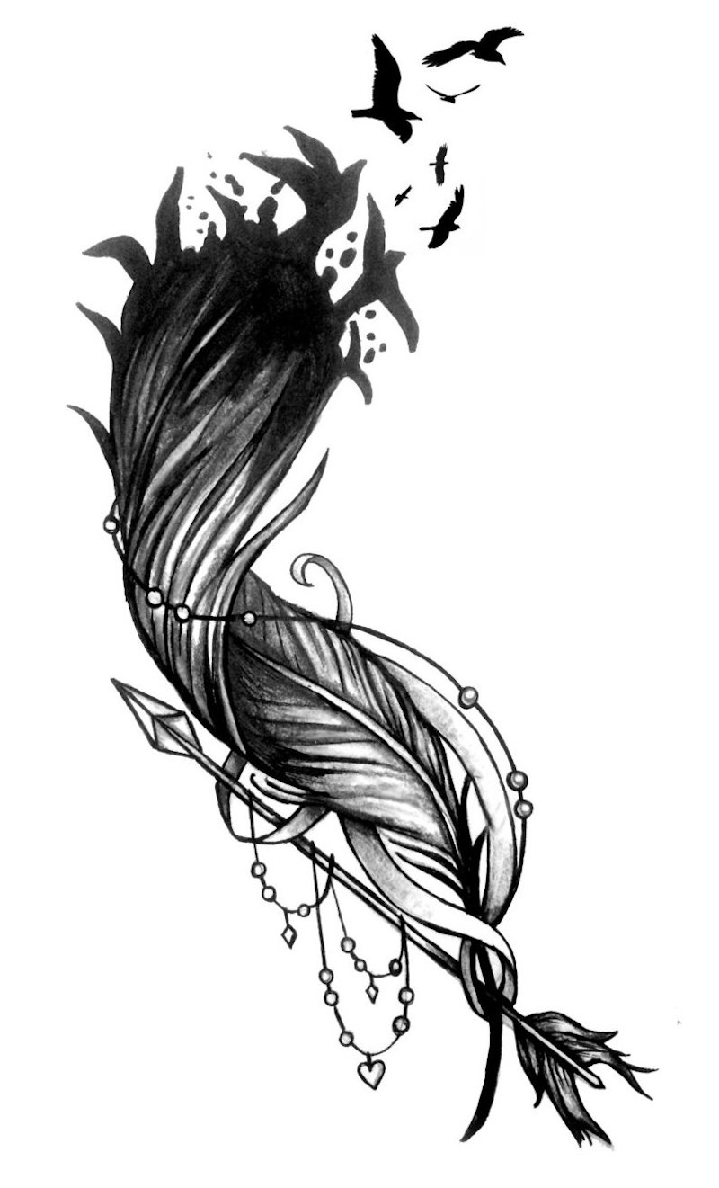 dessin-tatouage-plume-oiseaux-envolent