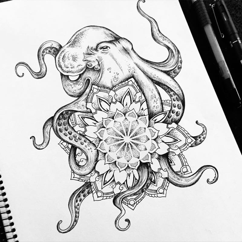 dessin-tatouage-poulpe-fleur-mandala
