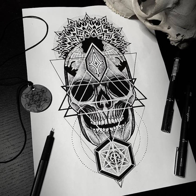 dessin de tatouage tête de mort dot-work
