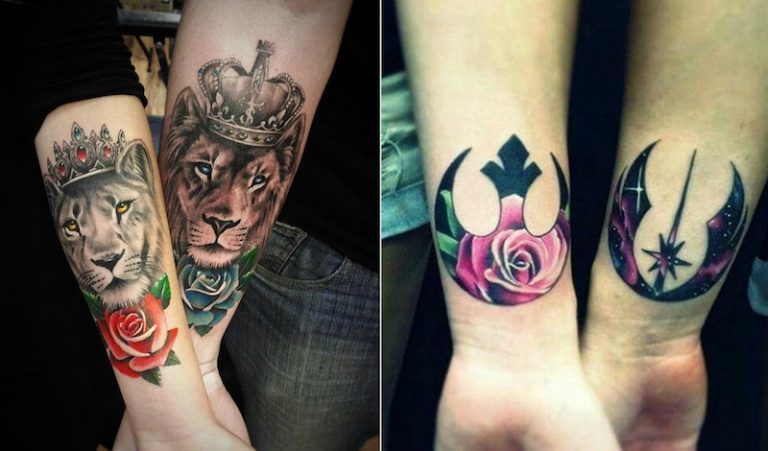 idées-tatouage-couple-couleur-lionne-lion-symboles