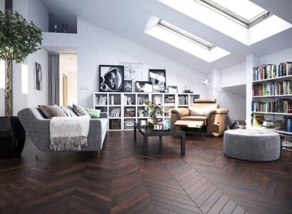 parquet-massif-foncé-pose-chevrons-salon-sous-combles