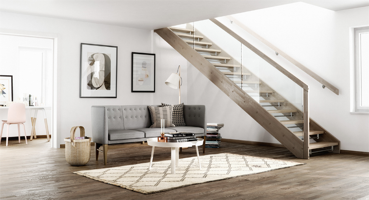 rampe escalier bois-verre-escalier-moderne-canapé-gris-scandinave