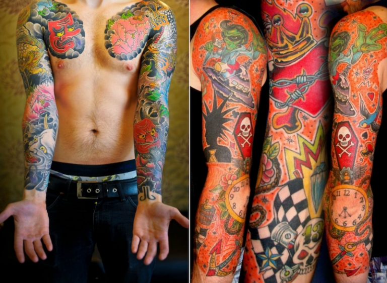 tatouage-bras-homme-couleur-style-japonais-old-school