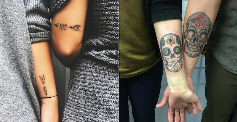 tatouage-couple-bras-flèches-têtes-de-mort-mexicaines
